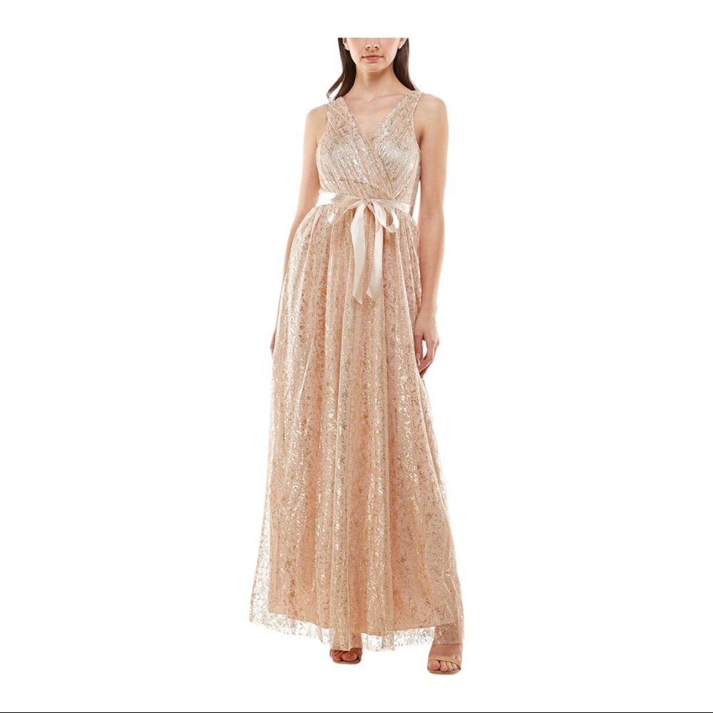 Juniors Metallic V-Neck Gown